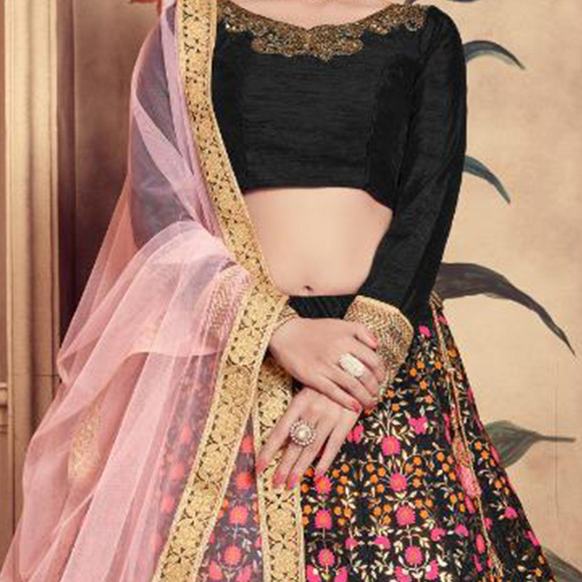 Mesmerising Black Colored Party Wear Embroidered Silk Lehenga Choli