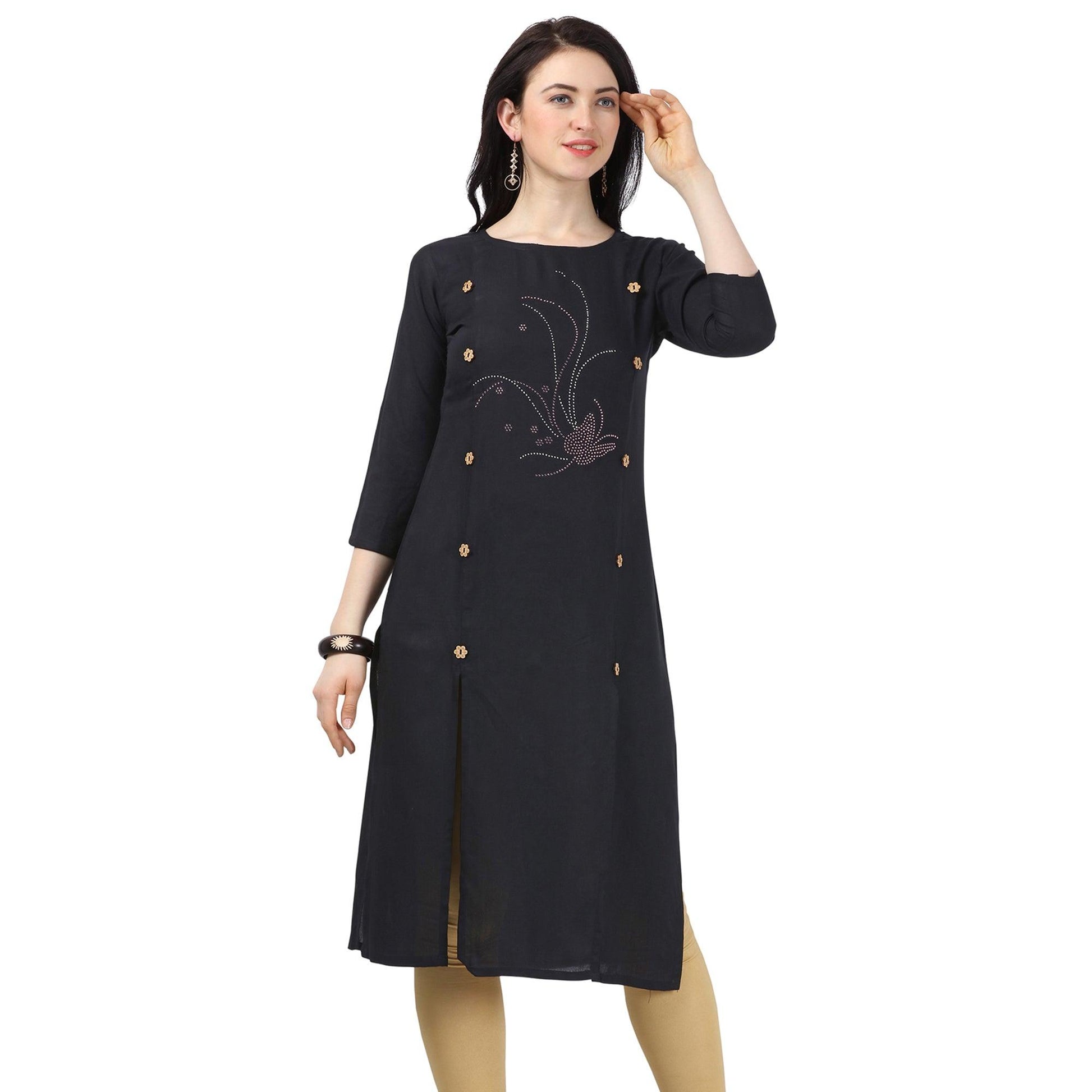 Mesmerising Black Colored Partywear Embellished Rayon Kurti