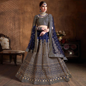 Mesmerising Blue Colored Designer Embroidered Banglori Silk Lehenga Choli