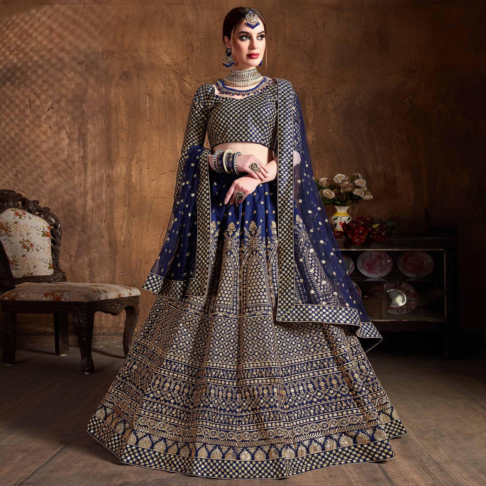 Mesmerising Blue Colored Designer Embroidered Banglori Silk Lehenga Choli