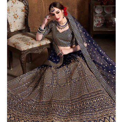 Mesmerising Blue Colored Designer Embroidered Banglori Silk Lehenga Choli