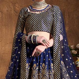 Mesmerising Blue Colored Designer Embroidered Banglori Silk Lehenga Choli