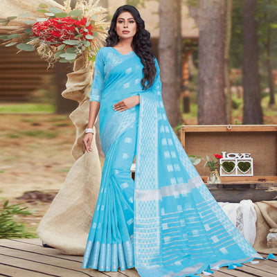 Mesmerising Blue Coloured Partywear Woven Linen Cotton Saree