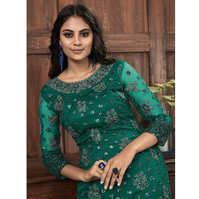 Mesmerising Bottle Green Colored Partywear Embroidered Net Palazzo Suit
