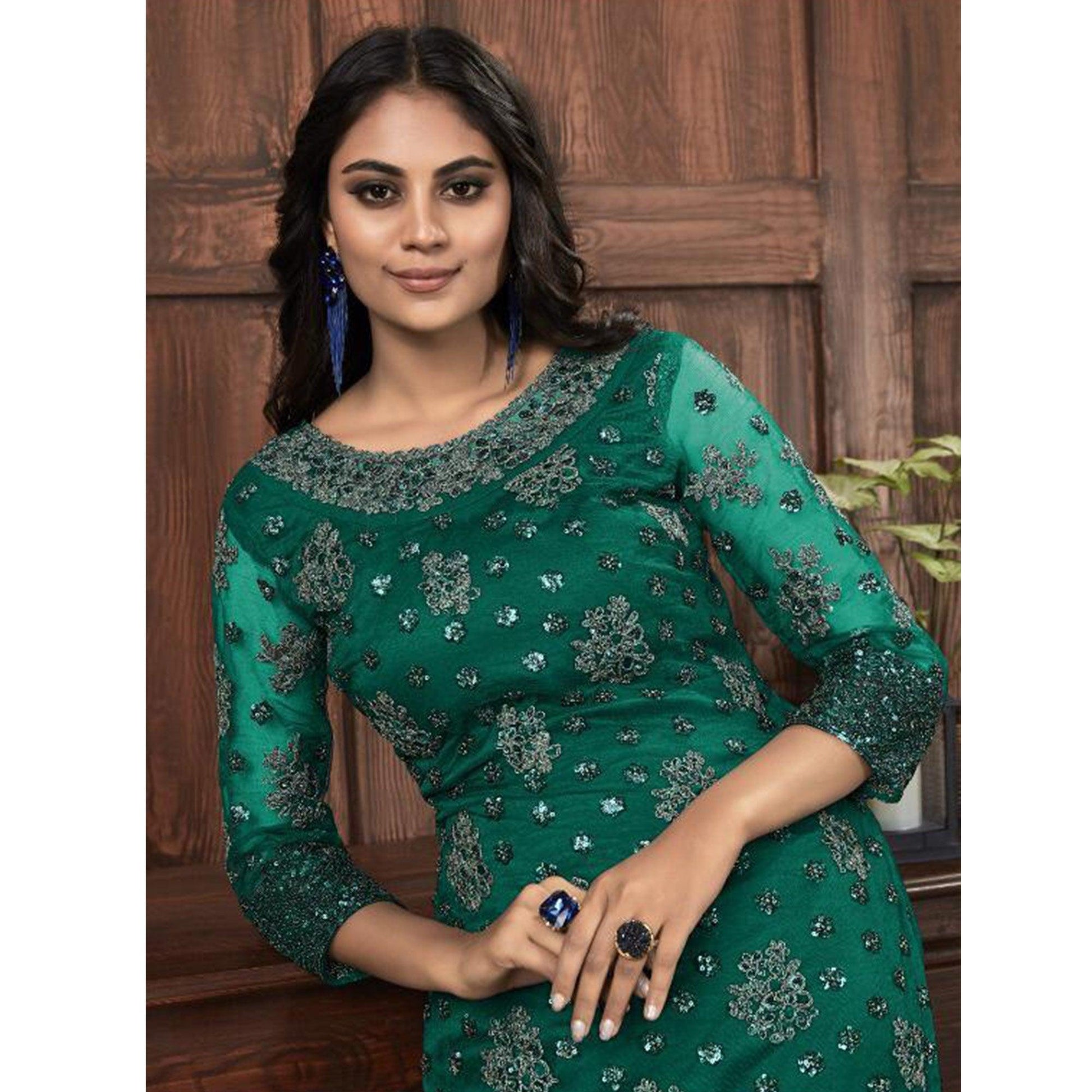 Mesmerising Bottle Green Colored Partywear Embroidered Net Palazzo Suit