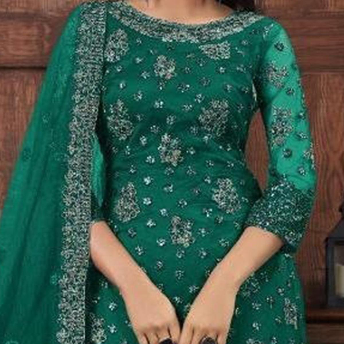 Mesmerising Bottle Green Colored Partywear Embroidered Net Palazzo Suit