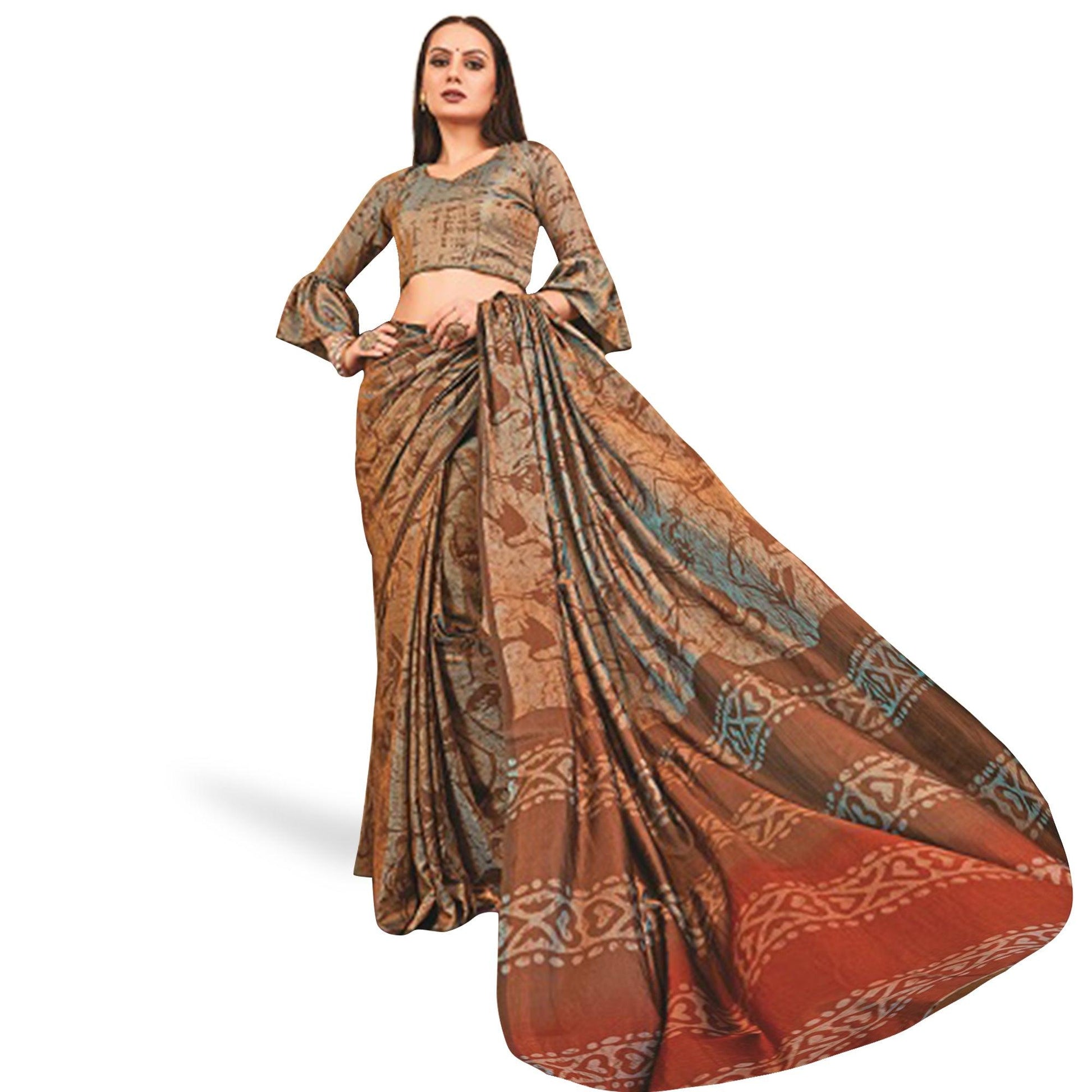 Mesmerising Brown Colored Casual Printed Art Silk Saree