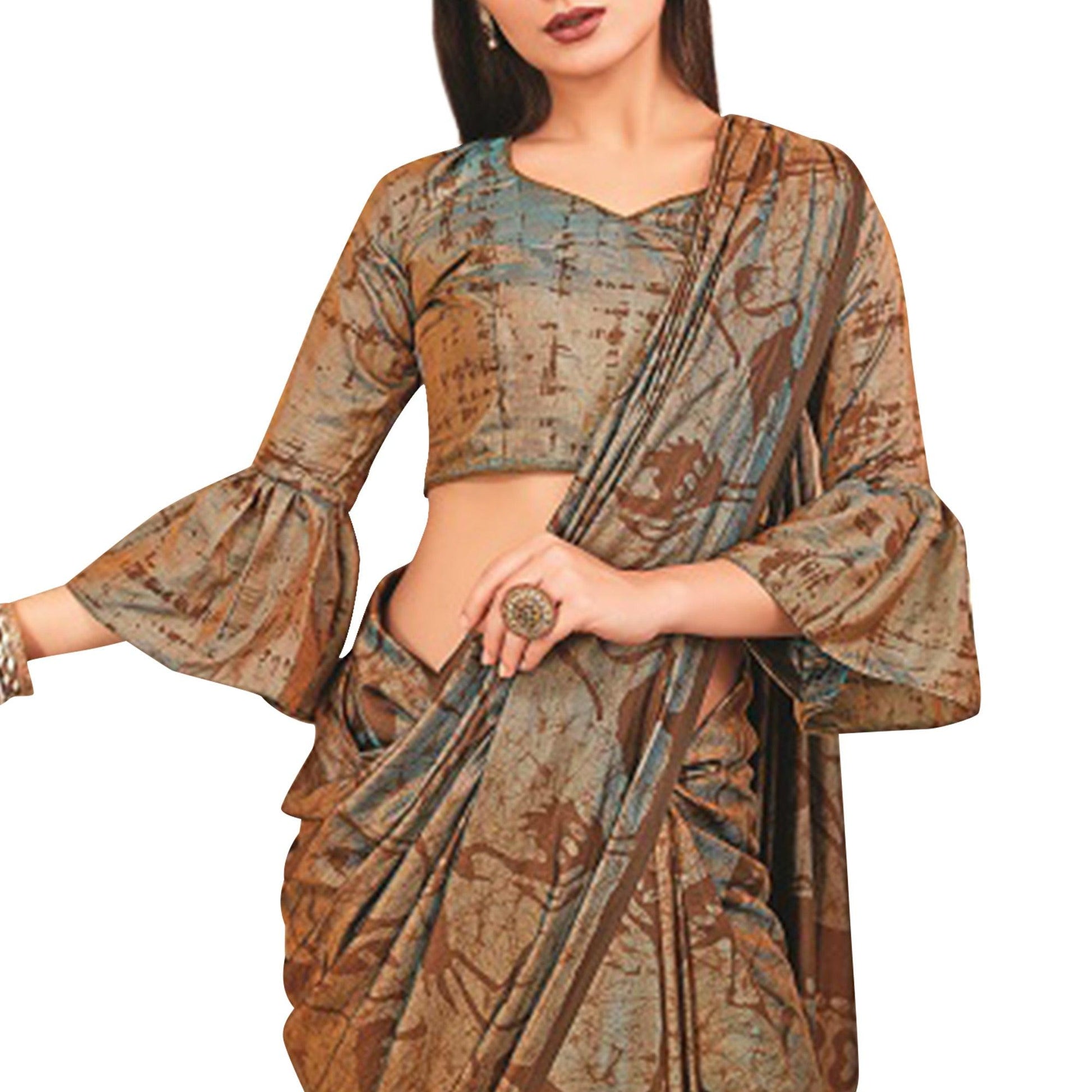 Mesmerising Brown Colored Casual Printed Art Silk Saree