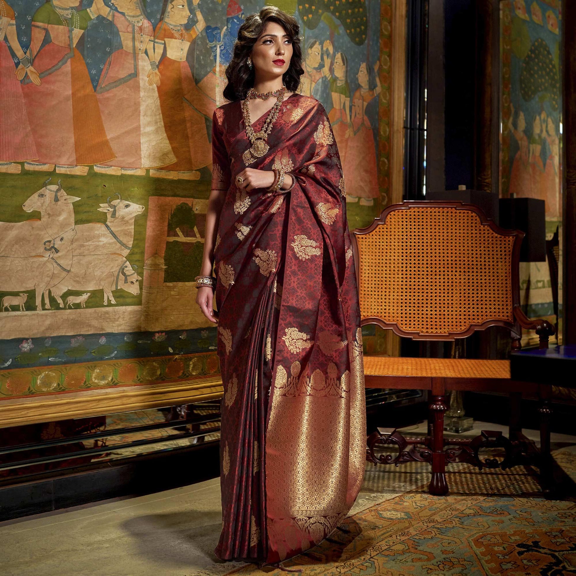 Mesmerising Brown Colored Festive Wear Weaving Pure Satin Saree
