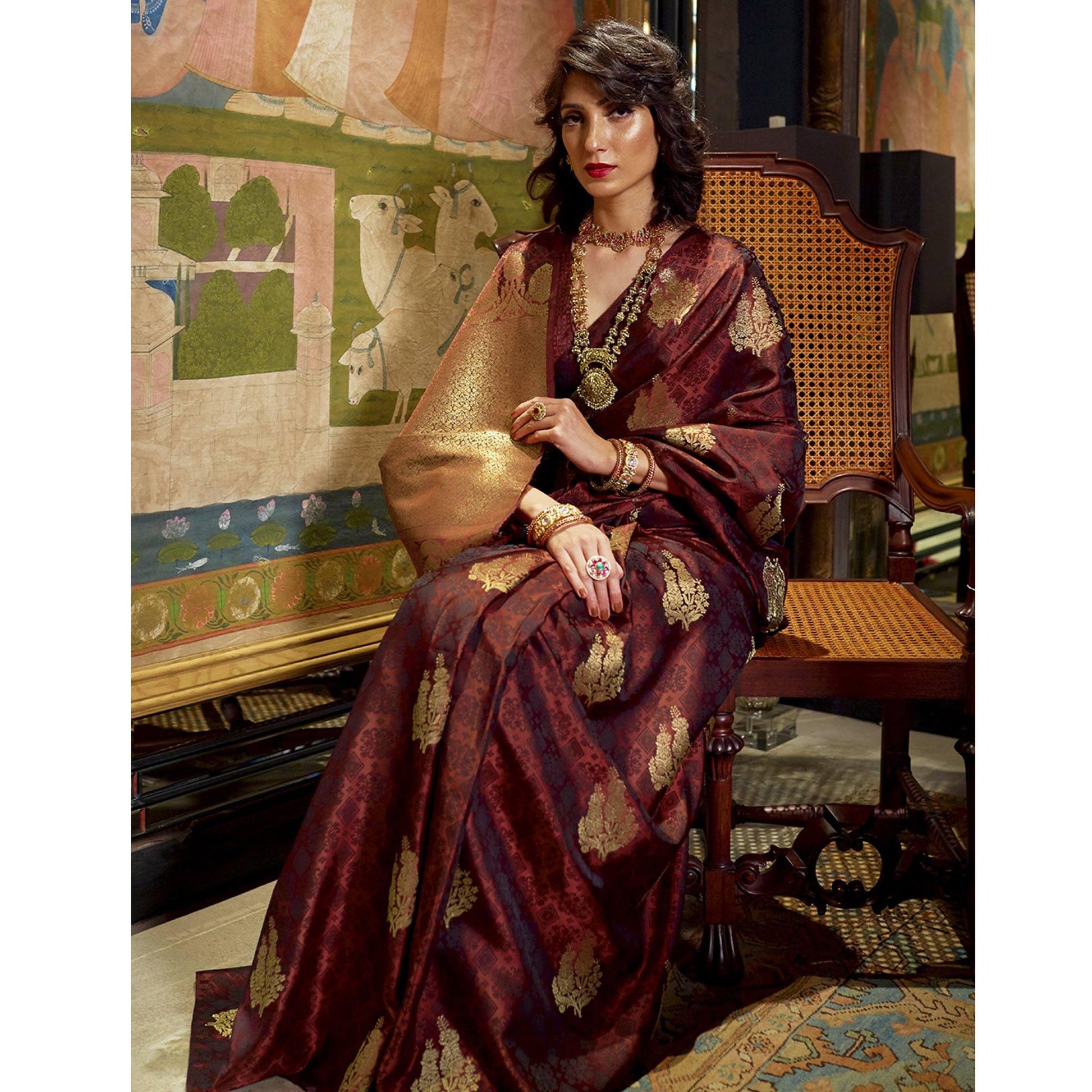 Mesmerising Brown Colored Festive Wear Weaving Pure Satin Saree