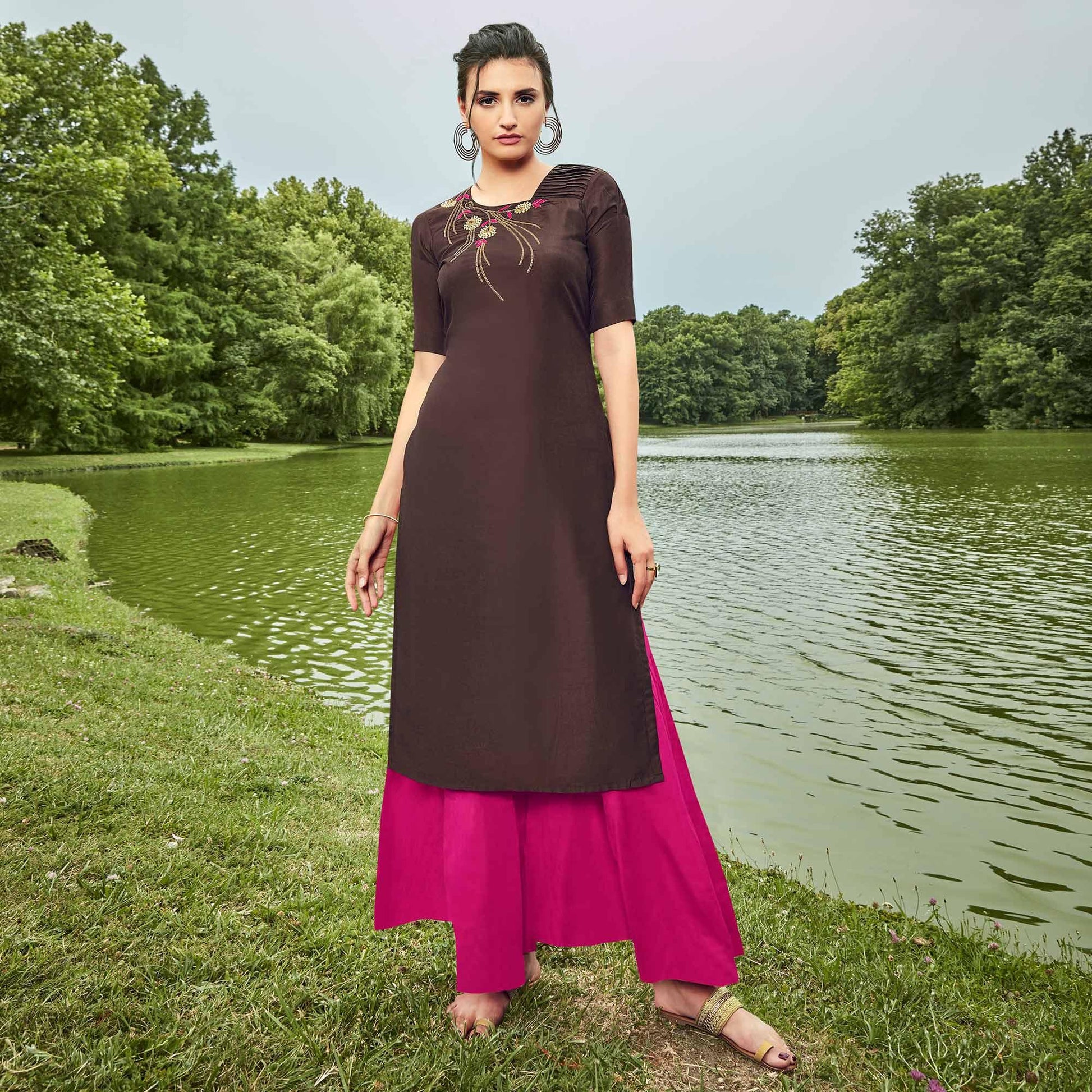 Mesmerising Brown Colored Partywear Hand Embroidered Muslin Silk Kurti-Palazzo Set