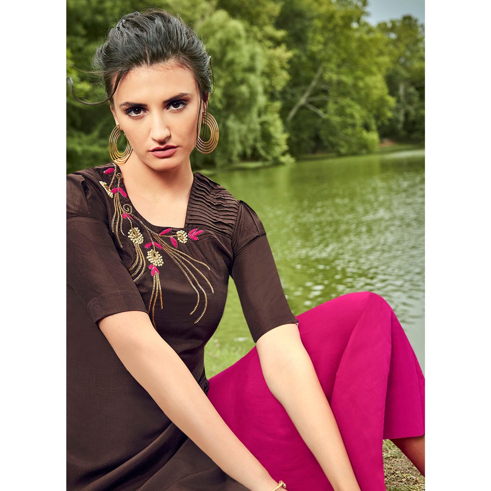 Mesmerising Brown Colored Partywear Hand Embroidered Muslin Silk Kurti-Palazzo Set