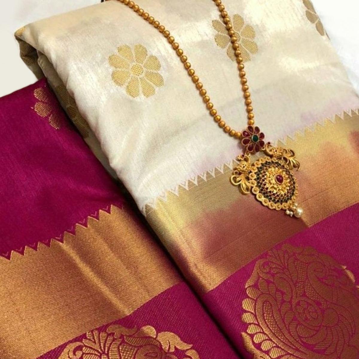 Mesmerising Cream Colored Festive Wear Woven Art Silk Saree