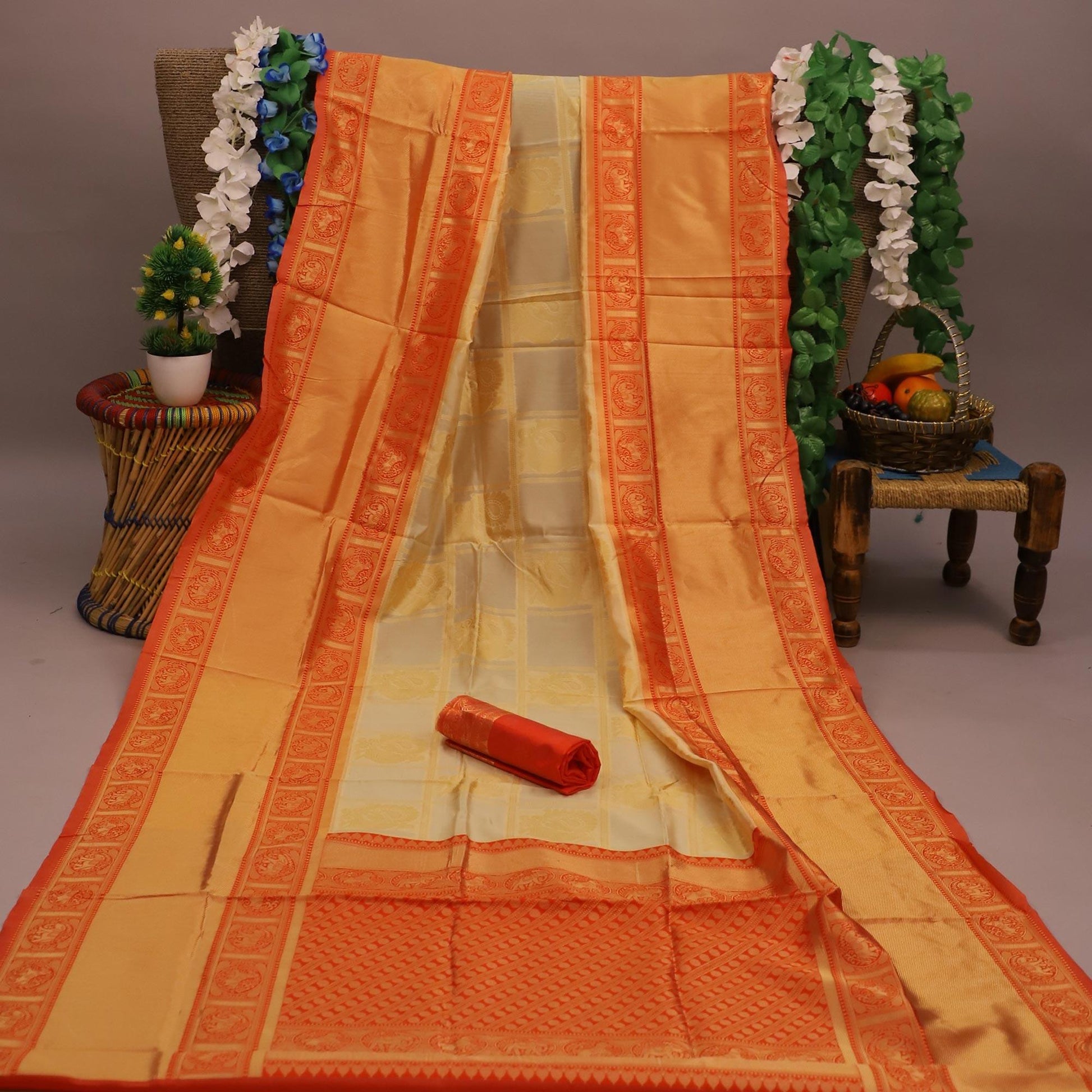 Mesmerising Cream Colored Festive Wear Woven Soft Silk Saree