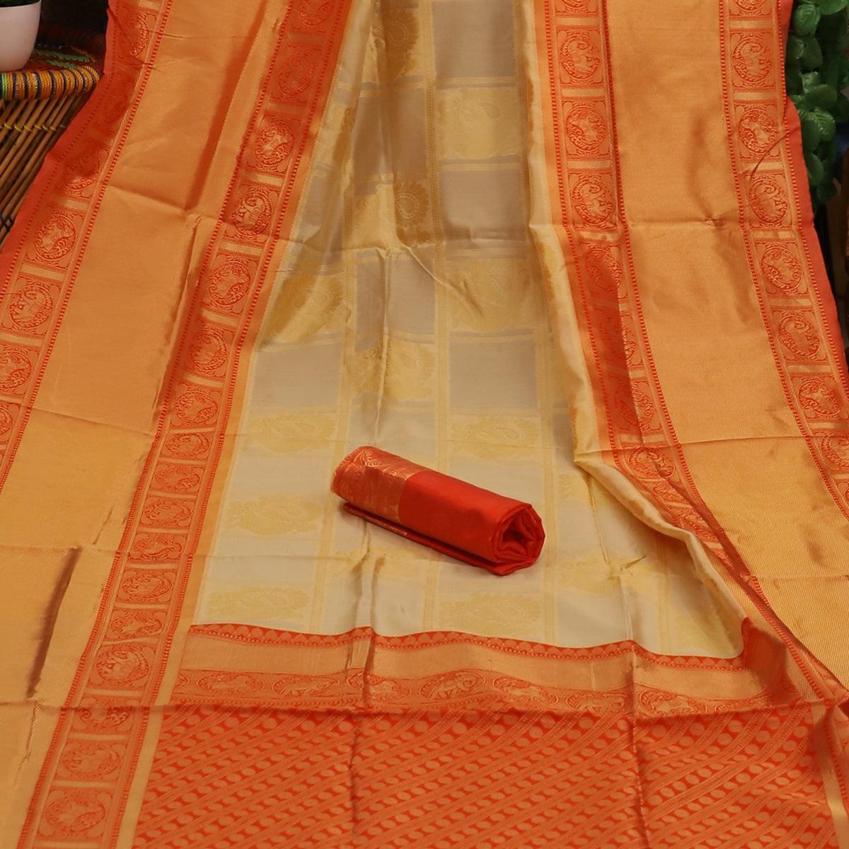 Mesmerising Cream Colored Festive Wear Woven Soft Silk Saree