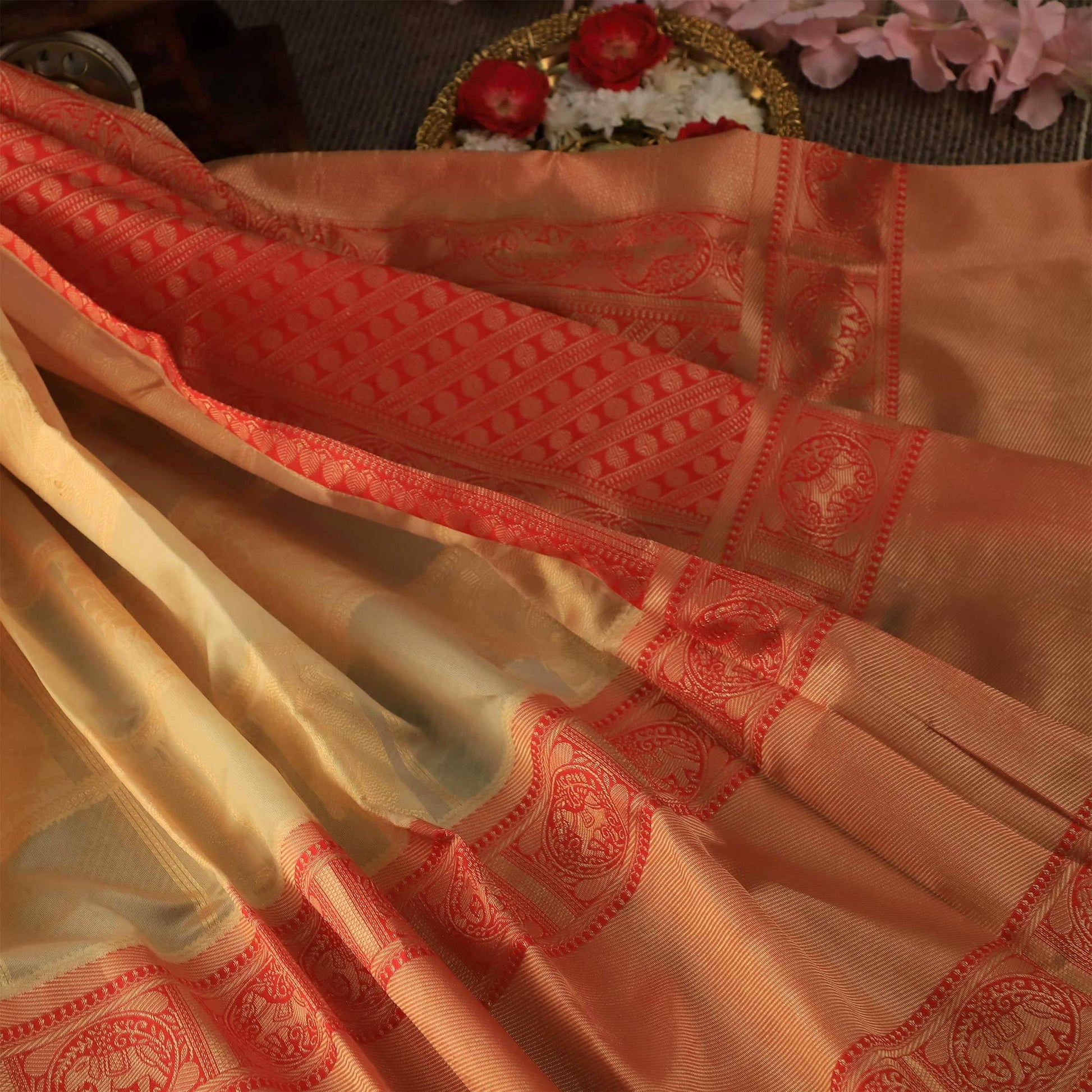 Mesmerising Cream Colored Festive Wear Woven Soft Silk Saree