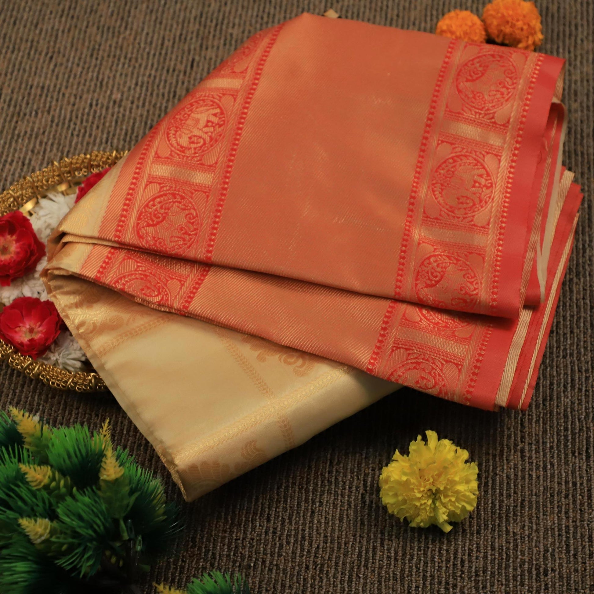Mesmerising Cream Colored Festive Wear Woven Soft Silk Saree