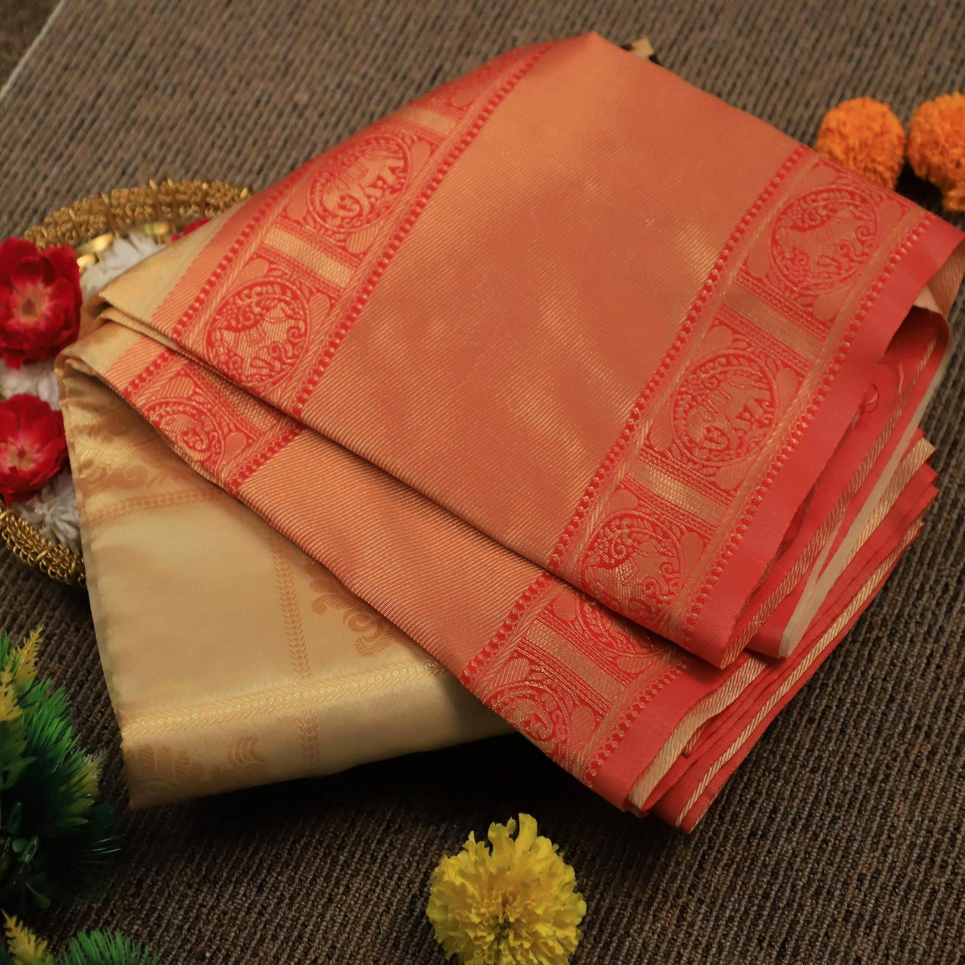Mesmerising Cream Colored Festive Wear Woven Soft Silk Saree