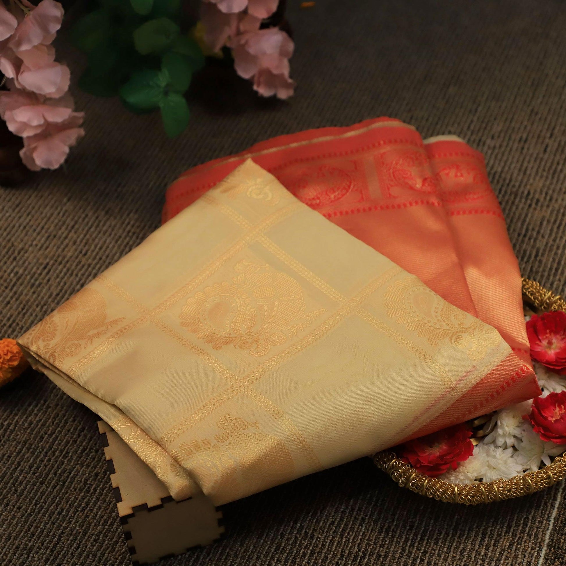 Mesmerising Cream Colored Festive Wear Woven Soft Silk Saree