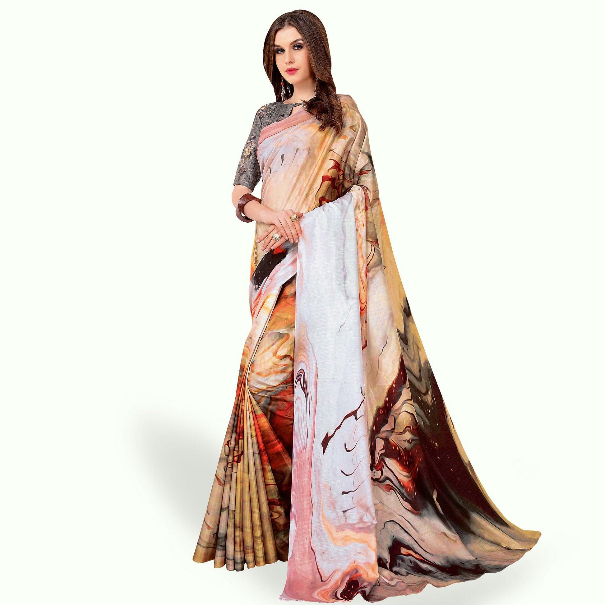 Mesmerising Cream - Multi Colored Casual Wear Printed Art Silk Saree