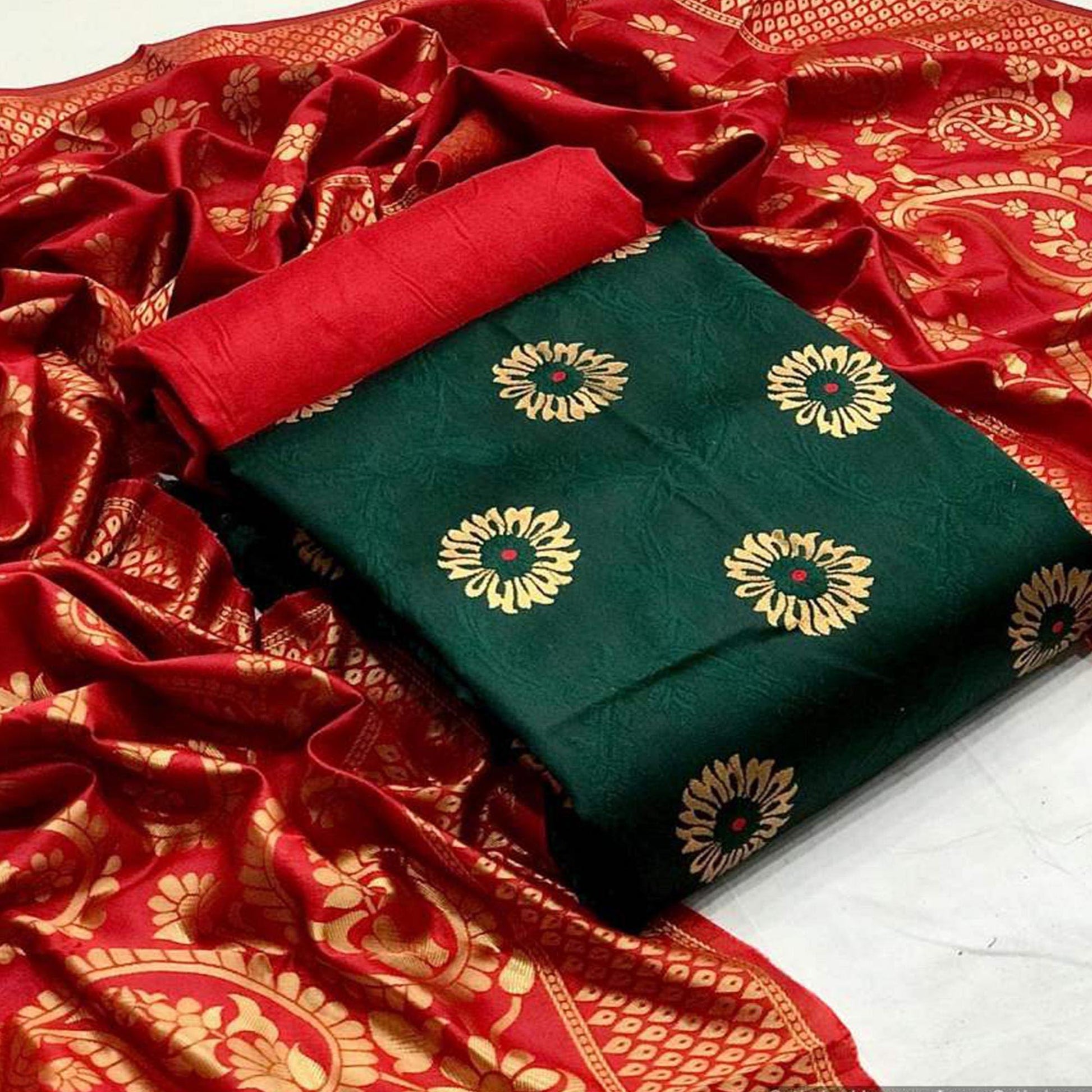 Mesmerising Dark Green Colored Casual Wear Banarasi Silk Dress Material