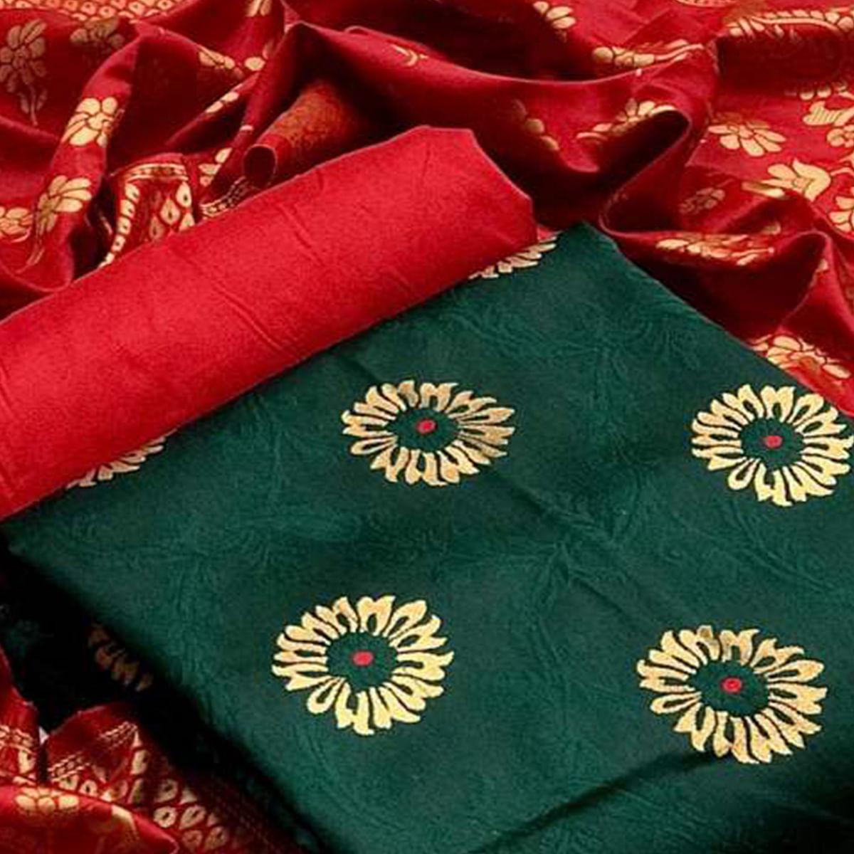 Mesmerising Dark Green Colored Casual Wear Banarasi Silk Dress Material