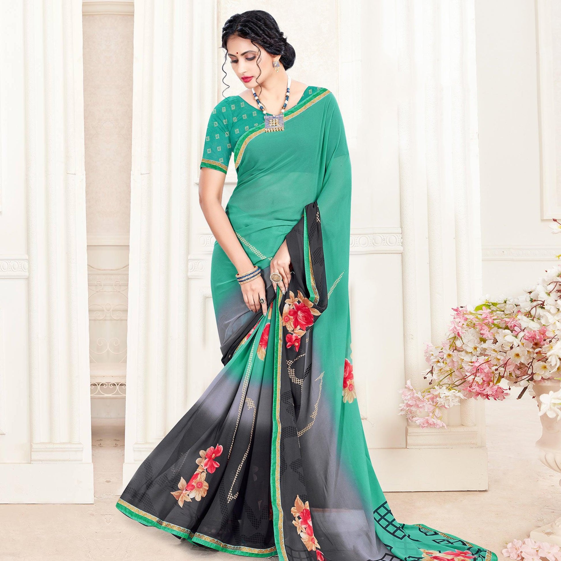 Mesmerising Green Colored Casual Wear Printed Georgette Saree