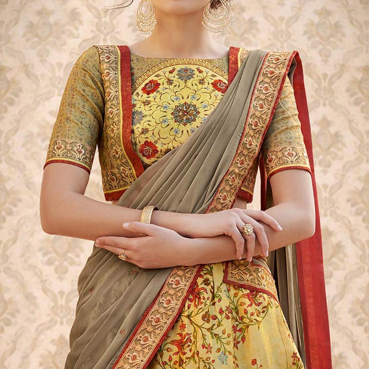 Mesmerising Green Colored Designer Partywear Digital Printed Woven Banarasi Silk Lehenga Choli