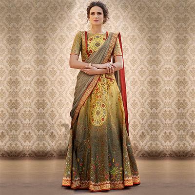 Mesmerising Green Colored Designer Partywear Digital Printed Woven Banarasi Silk Lehenga Choli