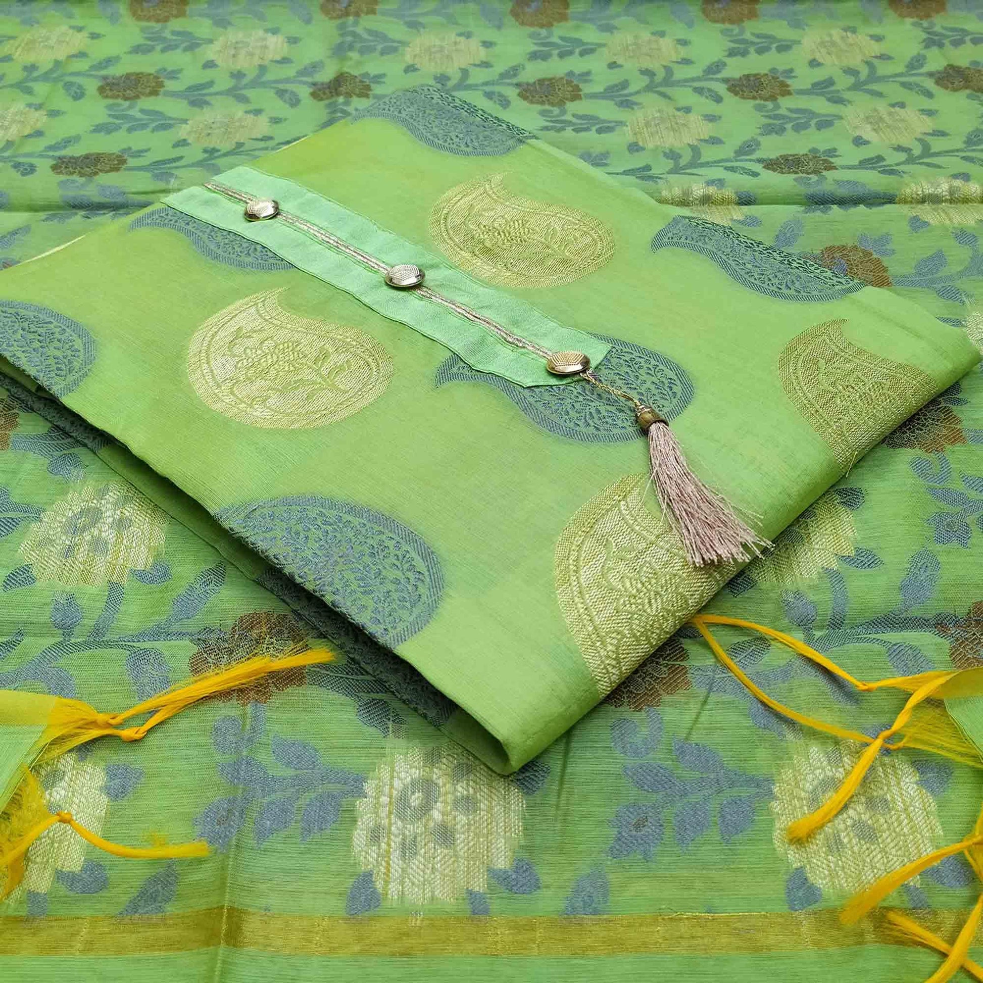 Mesmerising Green Colored Festive Wear Woven Heavy Banarasi Silk Dress Material
