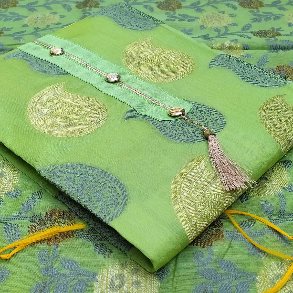 Mesmerising Green Colored Festive Wear Woven Heavy Banarasi Silk Dress Material