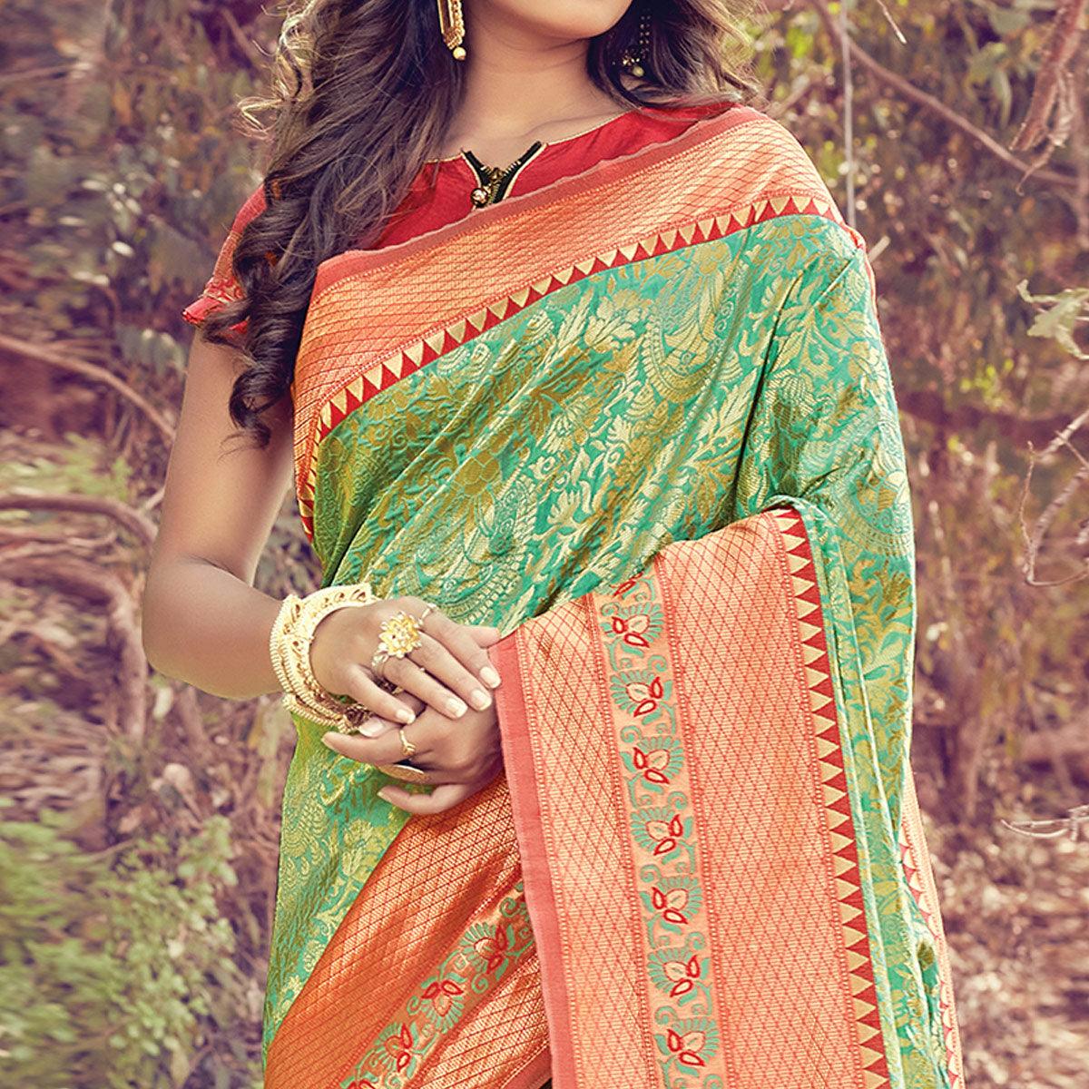 Mesmerising Green Colored Festive Wear Woven Silk Saree