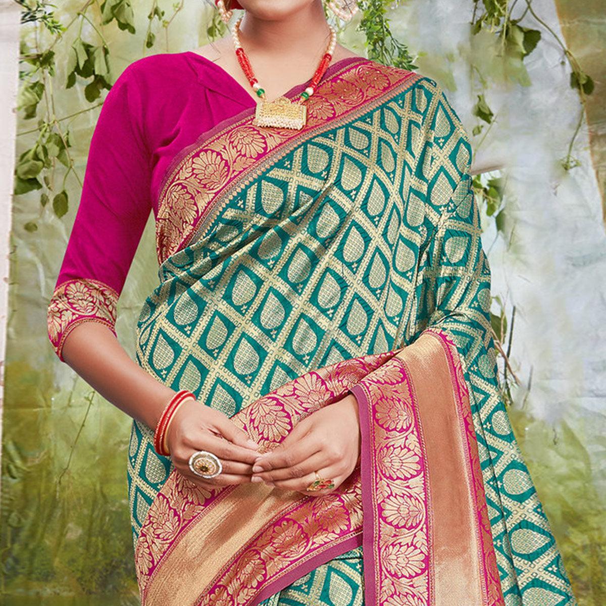 Mesmerising Green Coloured Festive Wear Woven Silk Saree