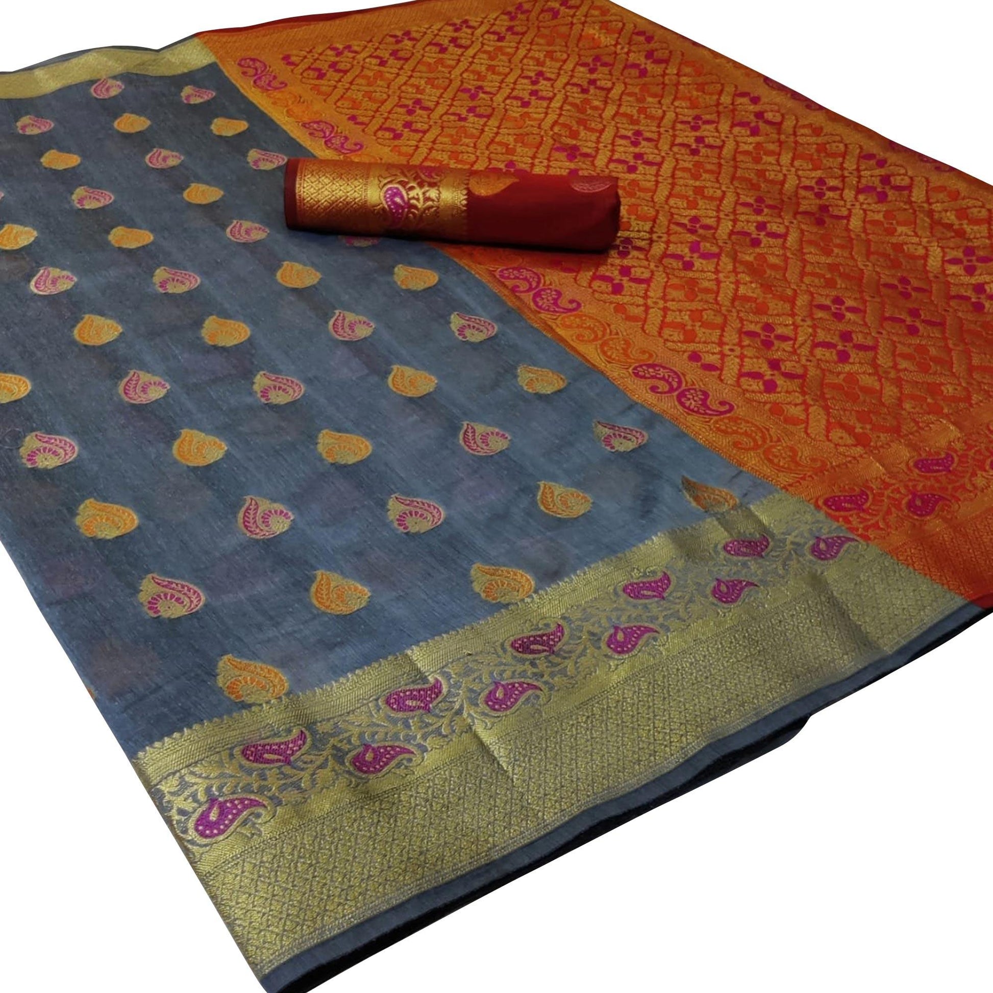 Mesmerising Grey Colored Festive Wear Woven Cotton Saree