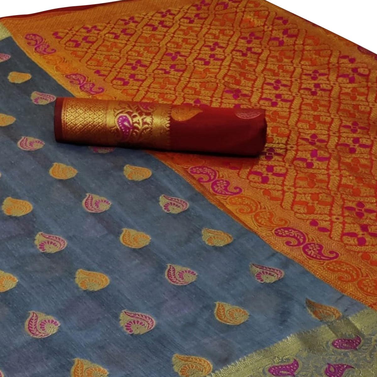 Mesmerising Grey Colored Festive Wear Woven Cotton Saree