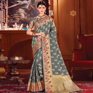 Mesmerising Grey Colored Festive Wear Woven Silk Saree