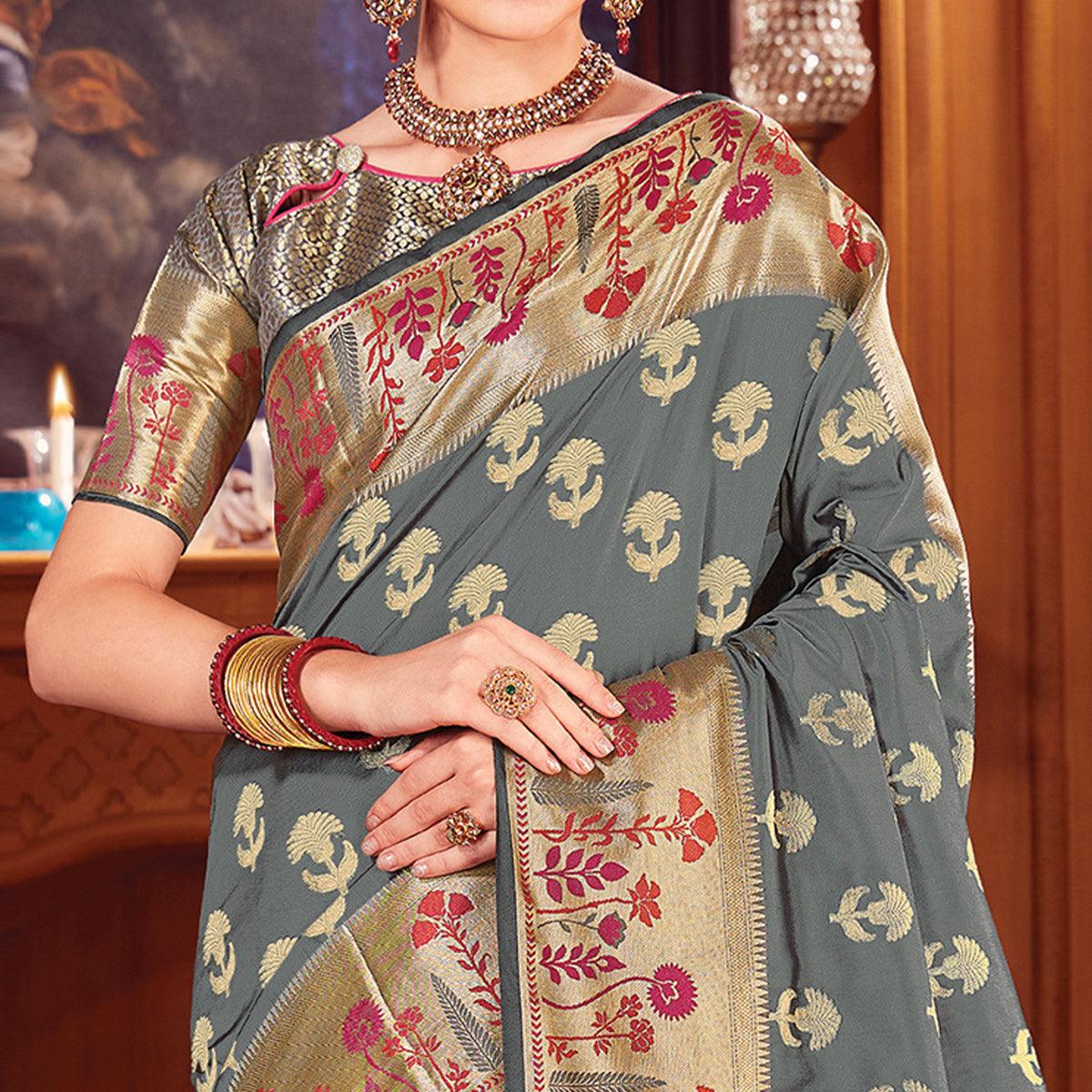 Mesmerising Grey Colored Festive Wear Woven Silk Saree