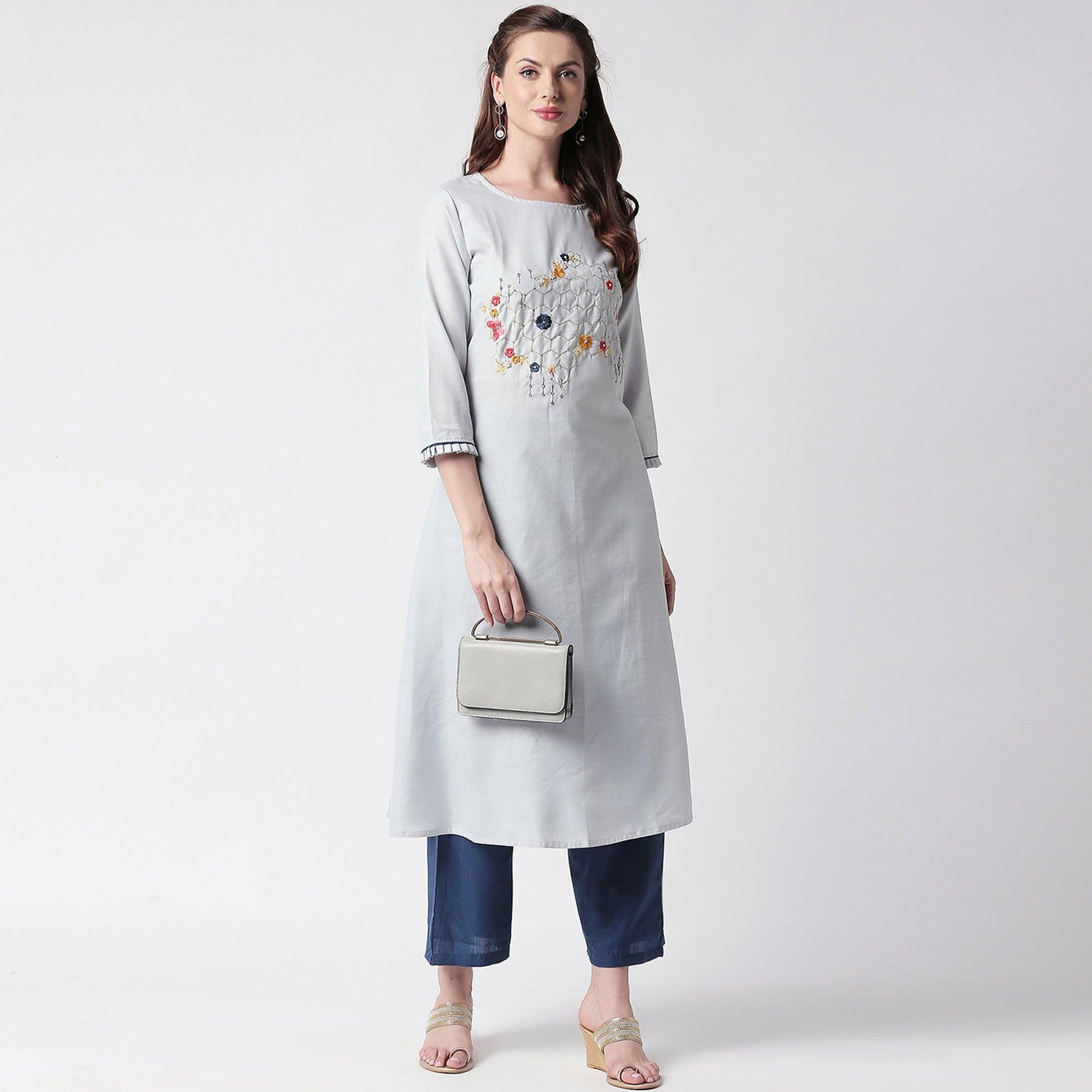 Mesmerising Grey Colored Partywear Embroidered Cotton Kurti-Palazzo Set