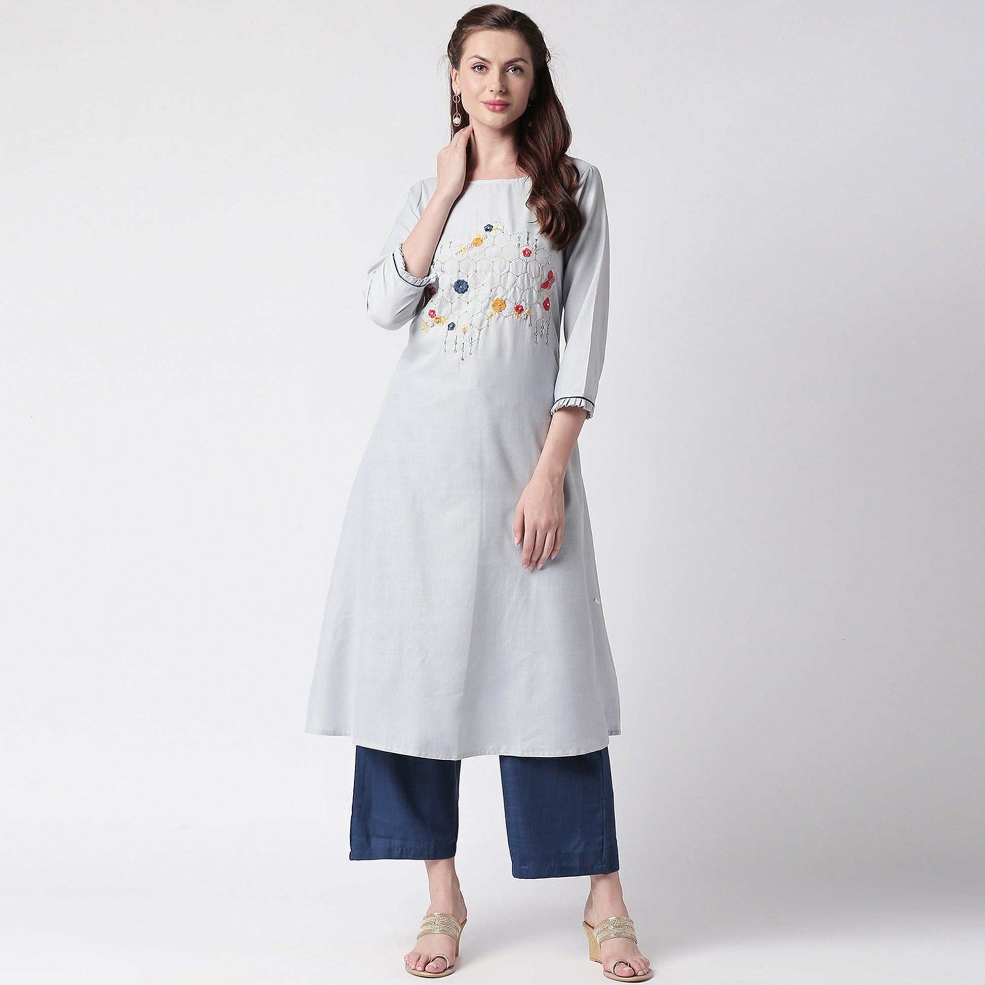 Mesmerising Grey Colored Partywear Embroidered Cotton Kurti-Palazzo Set