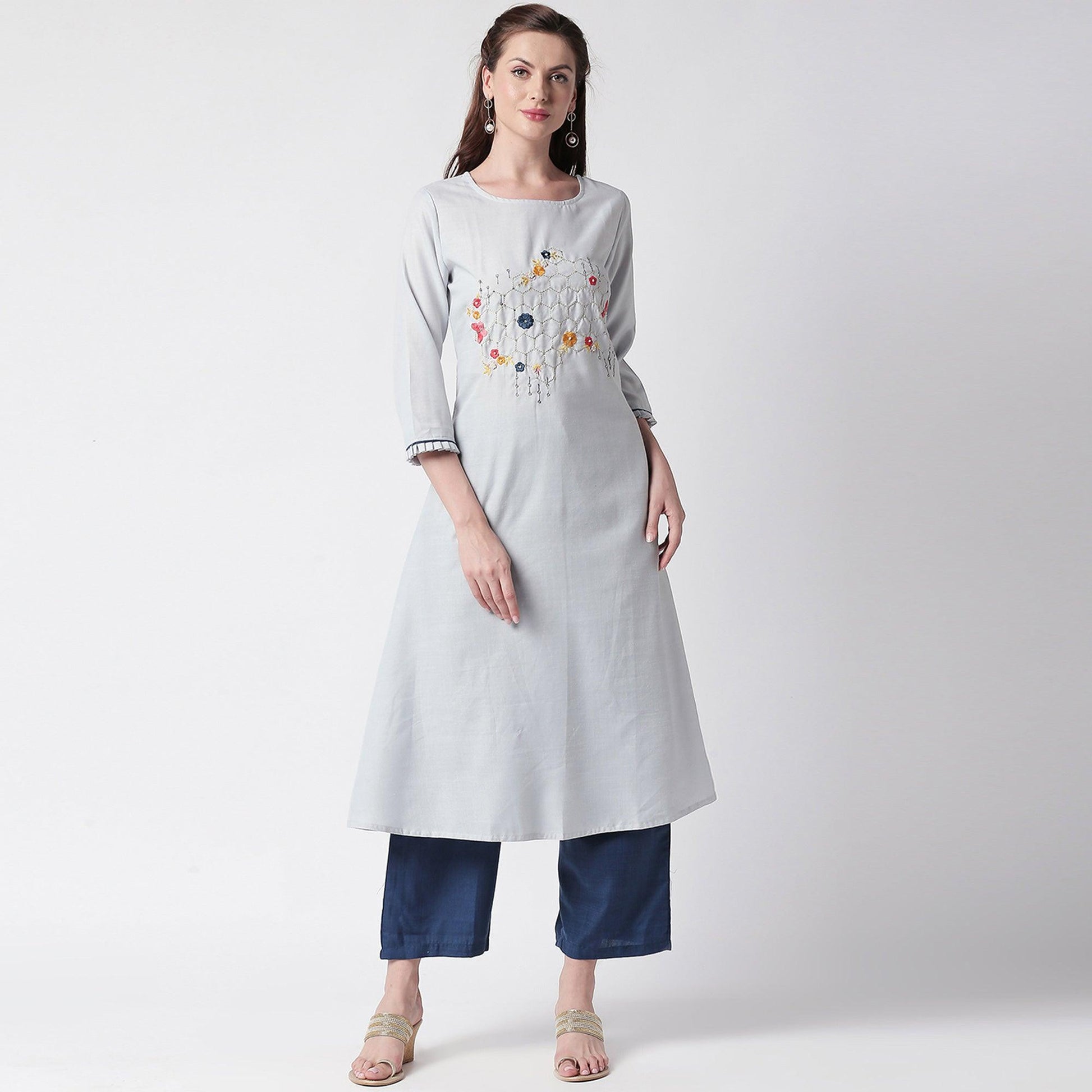 Mesmerising Grey Colored Partywear Embroidered Cotton Kurti-Palazzo Set