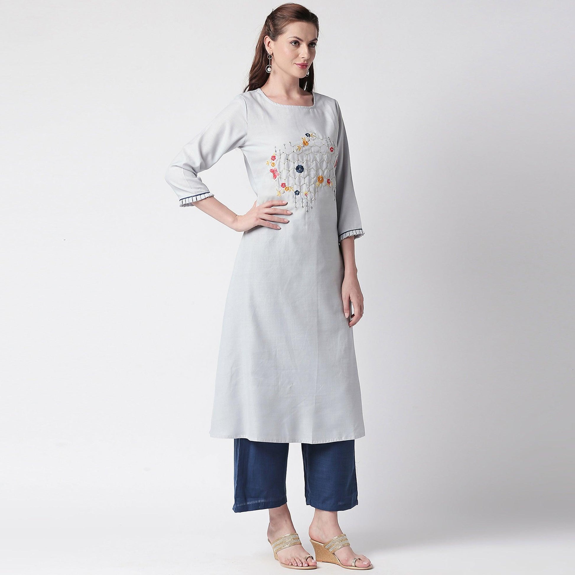 Mesmerising Grey Colored Partywear Embroidered Cotton Kurti-Palazzo Set