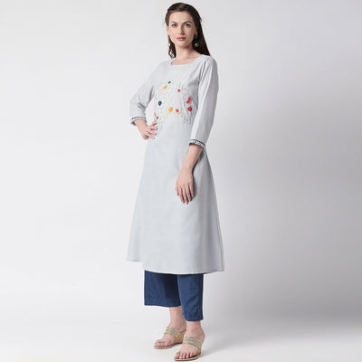 Mesmerising Grey Colored Partywear Embroidered Cotton Kurti-Palazzo Set