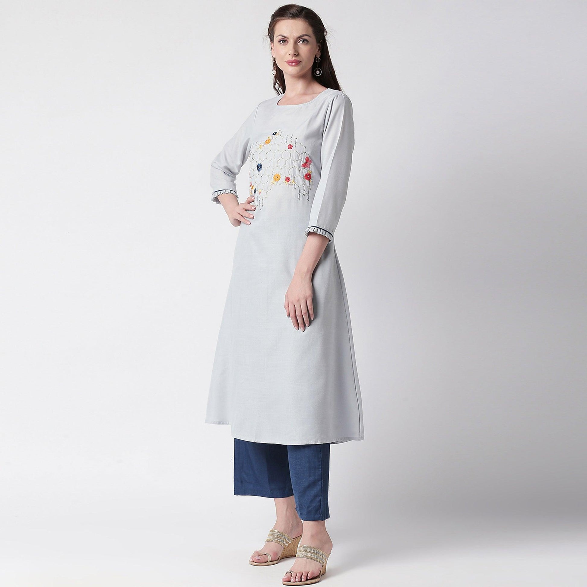 Mesmerising Grey Colored Partywear Embroidered Cotton Kurti-Palazzo Set