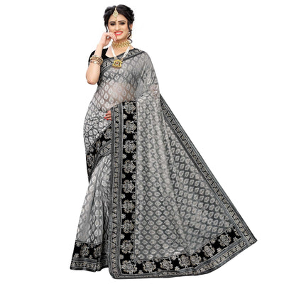 Mesmerising Grey Colored Partywear Embroidered Jacquard Saree