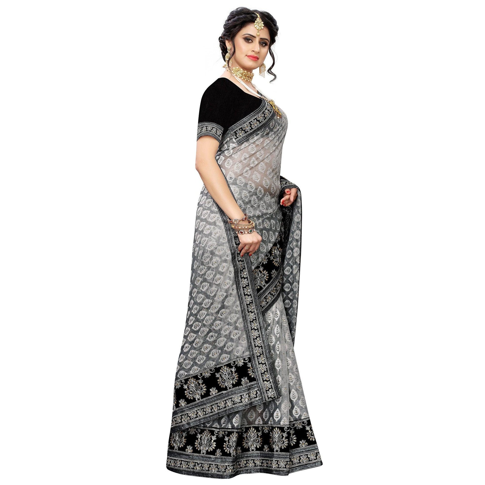 Mesmerising Grey Colored Partywear Embroidered Jacquard Saree