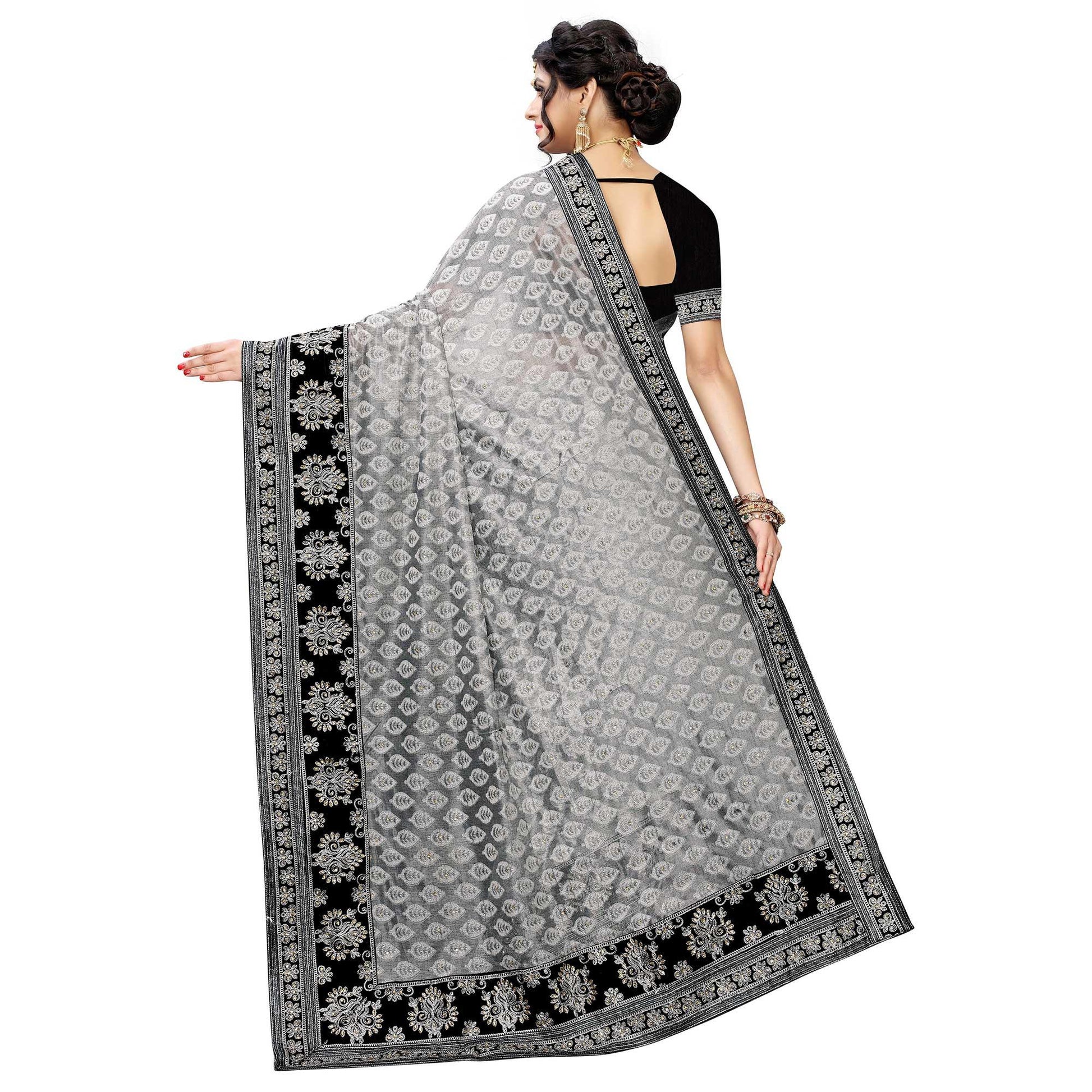 Mesmerising Grey Colored Partywear Embroidered Jacquard Saree