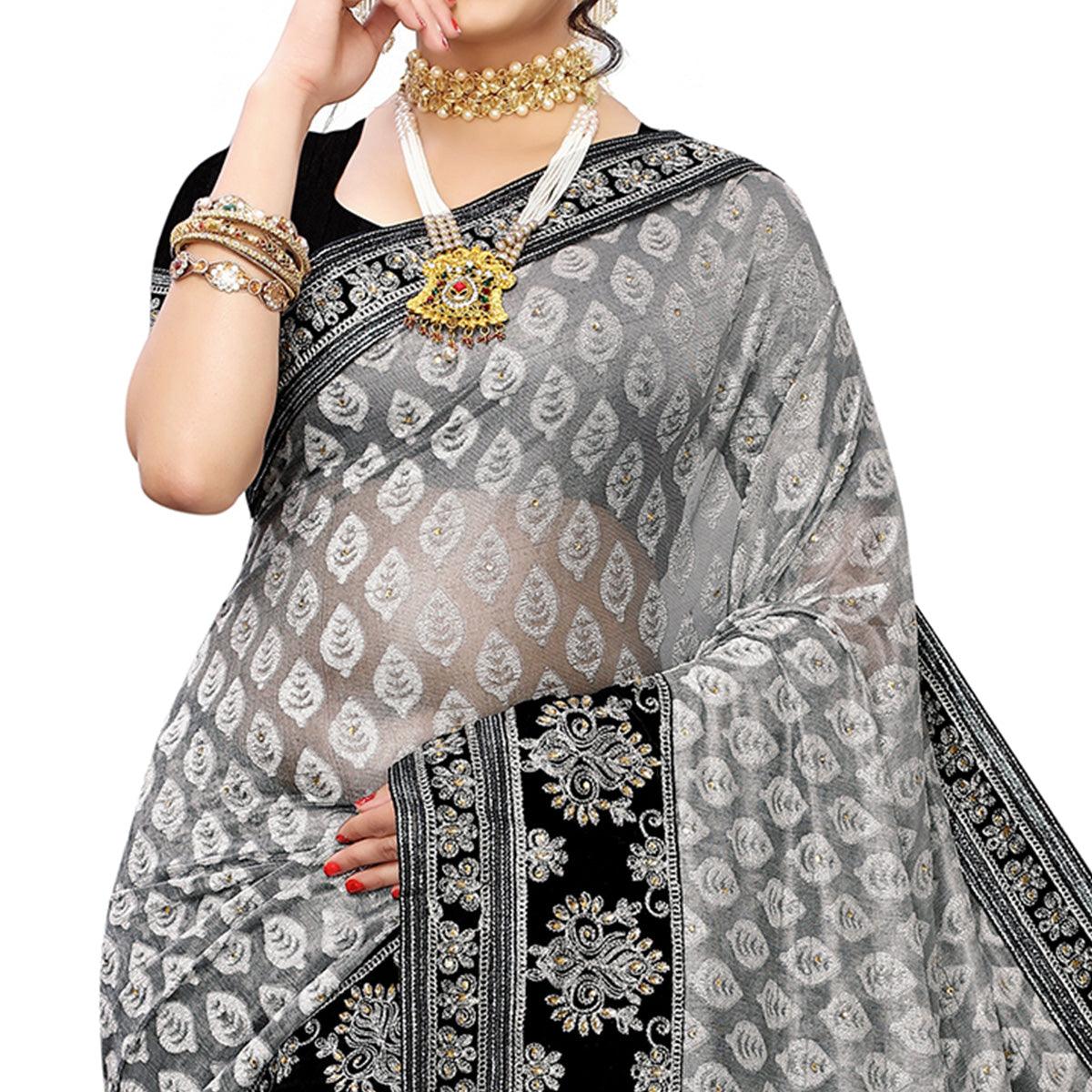 Mesmerising Grey Colored Partywear Embroidered Jacquard Saree