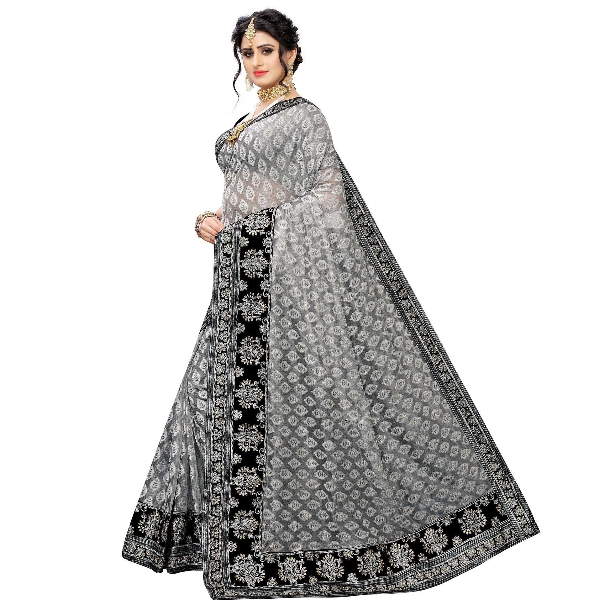 Mesmerising Grey Colored Partywear Embroidered Jacquard Saree