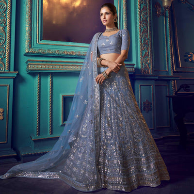 Mesmerising Grey Colored Partywear Embroidered Soft Net Lehenga Choli