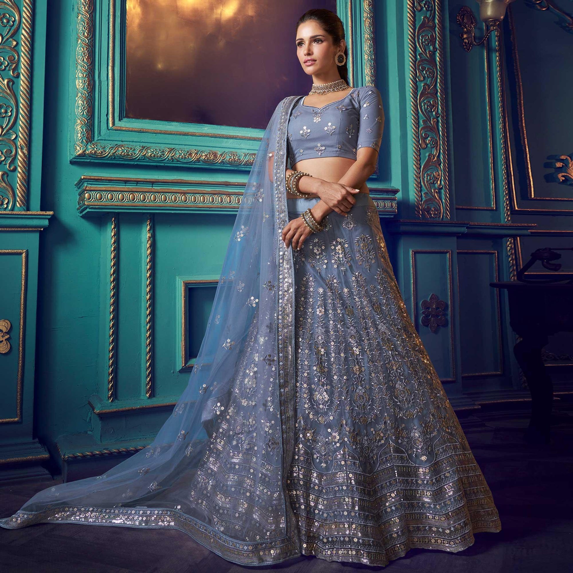 Mesmerising Grey Colored Partywear Embroidered Soft Net Lehenga Choli